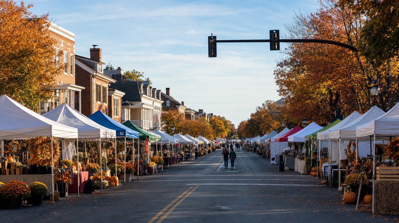 Main Street closed for the Fall Festival on an October morning, lined on both sides by white and colored canopies with pumpkins, mums and wreaths, brick and white-columned buildings behind and a few early visitors far down the street