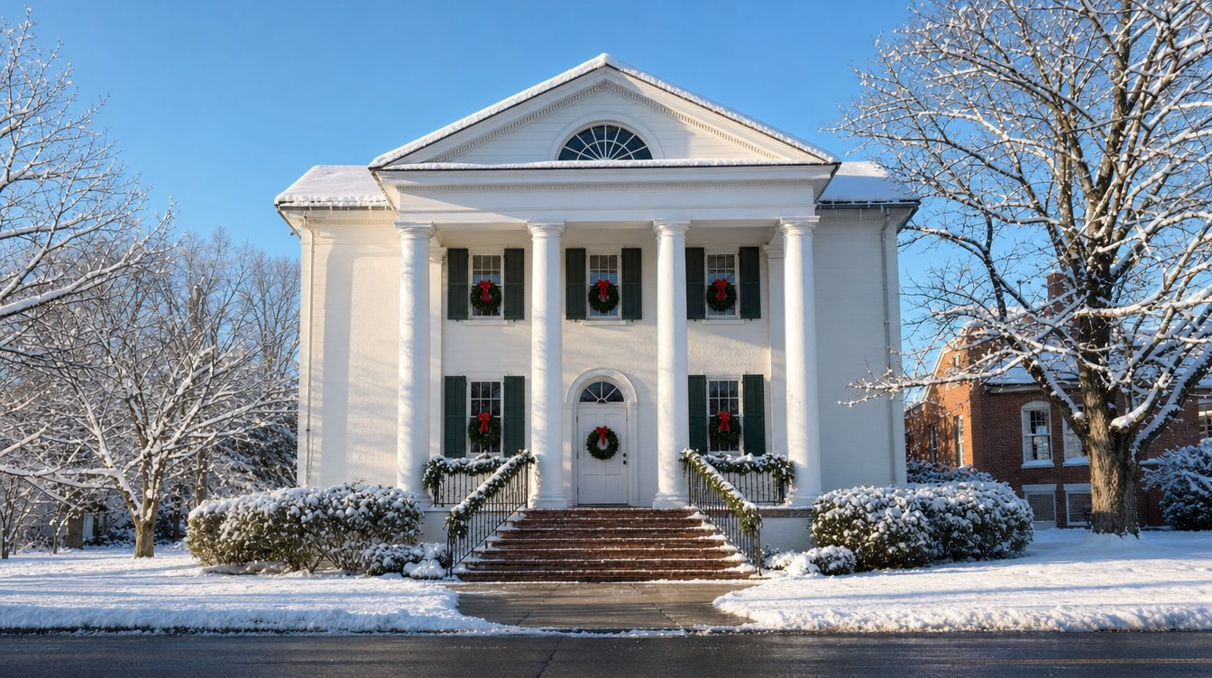 The white Old Town Hall after a snowfall, with its four tall columns, fanlight in the pediment, wreaths on every window and the door, and garland on the iron rails of the brick steps