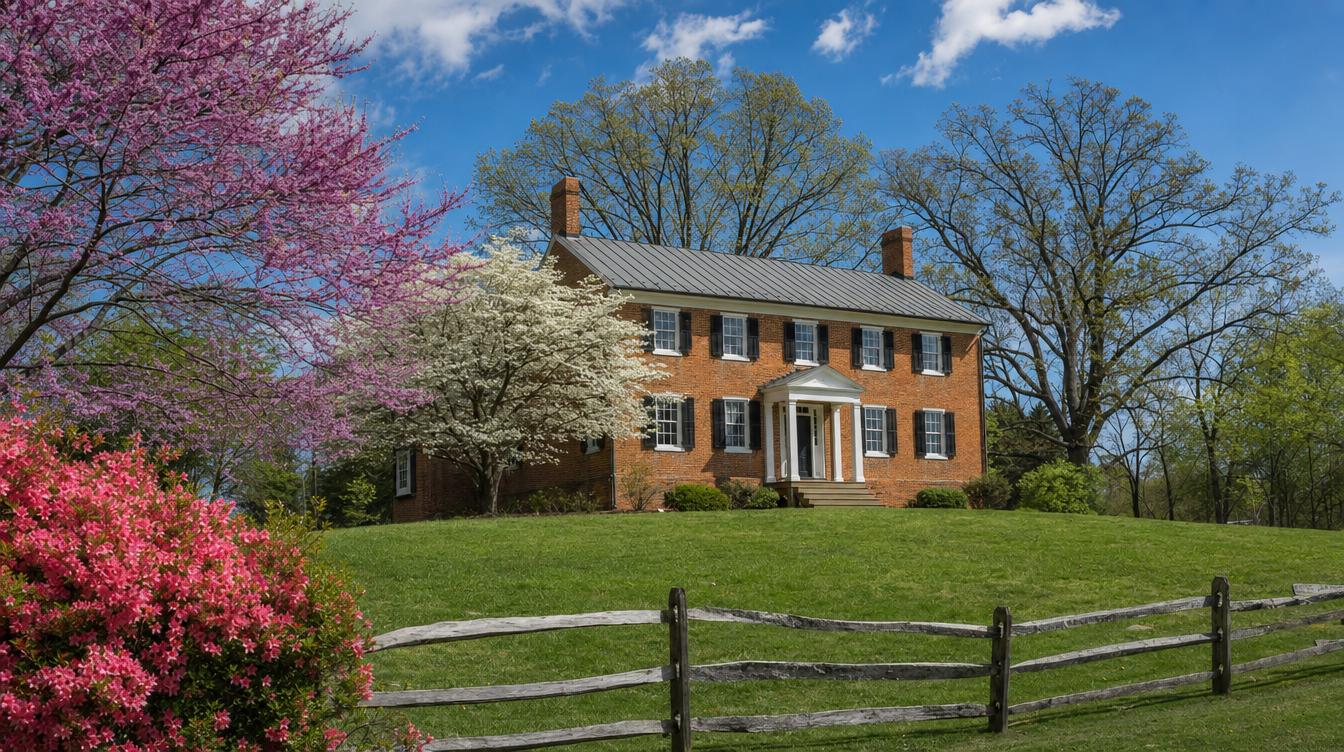 The orange-red brick Blenheim farmhouse with a gray metal roof, end chimneys, black shutters and a small white portico on its hill, behind a split-rail fence with a redbud, a dogwood and pink azaleas in bloom