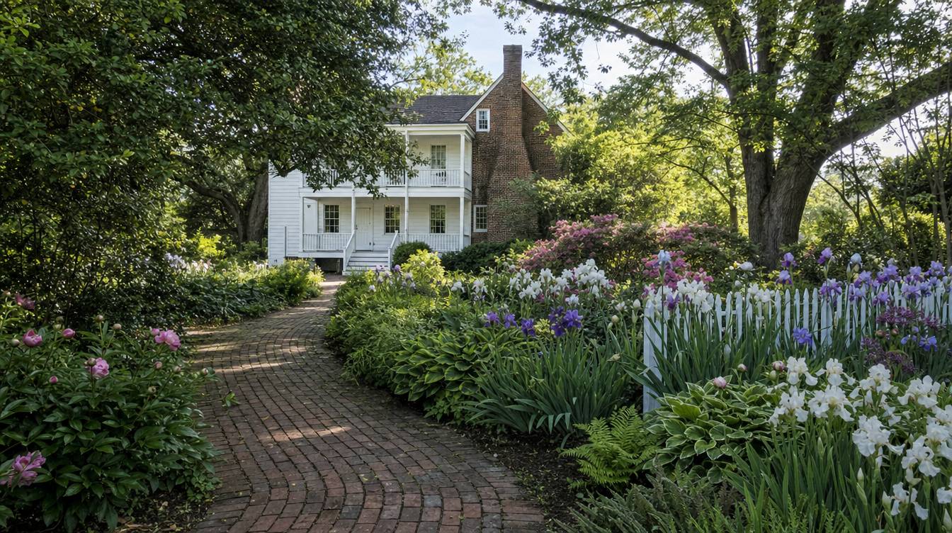 A curving brick path through the Kitty Pozer Garden in May, past deep beds of purple and white iris, peonies, hostas and ferns and a white picket fence, to the white two-level porch and brick wing of the Ratcliffe-Allison-Pozer House