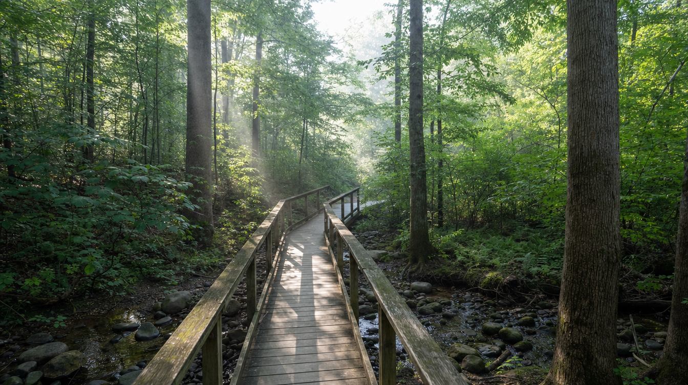 A wooden boardwalk with plain rails over a rocky stream in Daniels Run Park, under tall tulip poplars and oaks with soft summer light coming through the leaves