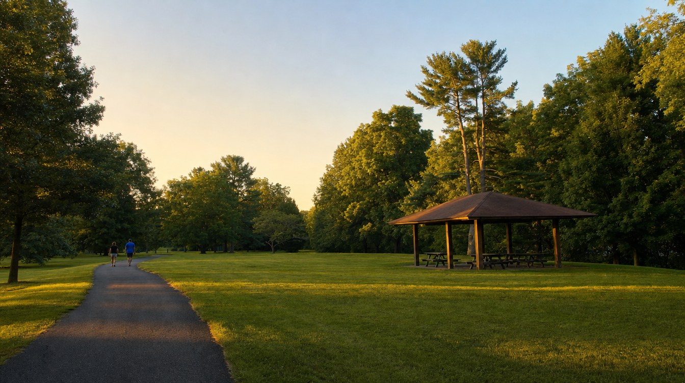 A paved path curving across the wide lawn of Van Dyck Park on a late-summer evening, with two walkers far off, a timber picnic pavilion with a brown roof and tall pines and oaks in warm low light
