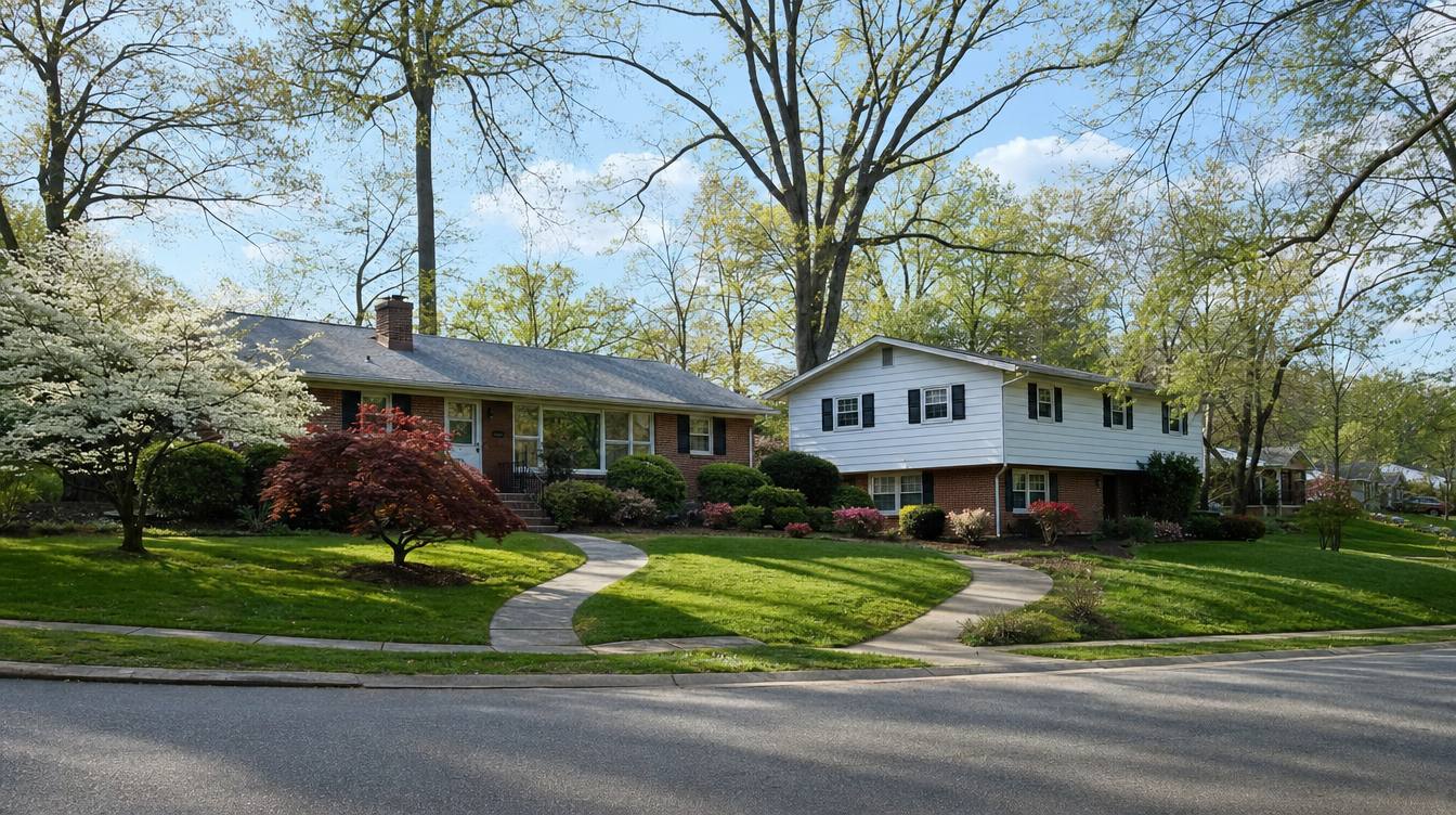 A red-brick rambler and a split-level with white siding above brick on Blue Coat Drive in Mosby Woods in spring, with curved front walks, a red Japanese maple, a white dogwood and azaleas under tall trees