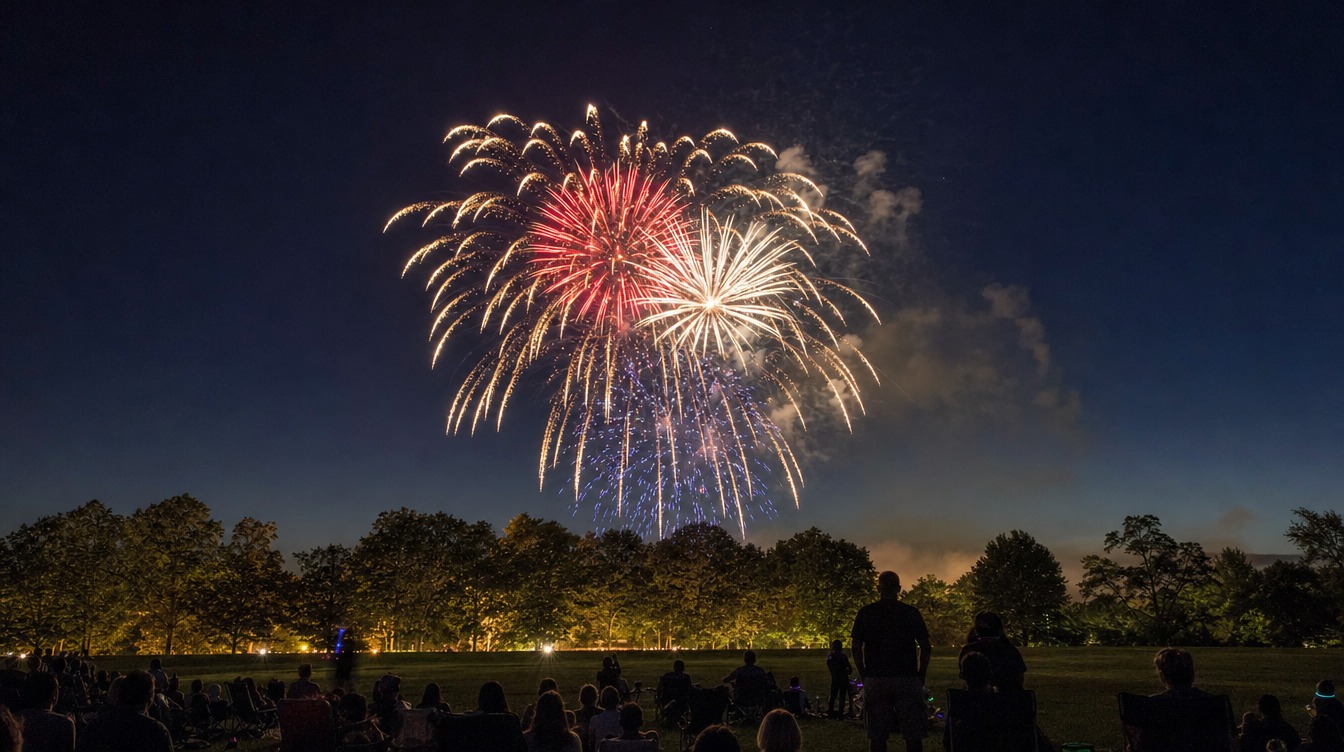 Gold, red, white and blue fireworks bursting over a dark tree line above a wide field on the Fourth of July, with the crowd in silhouette along the bottom