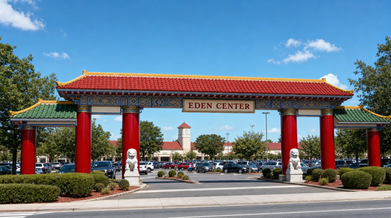 The wide Eden Center entrance gate on a sunny summer day, round red columns under a red tile roof with a cream name band reading EDEN CENTER, green-roofed side gates, white stone lions and clipped shrubs, with the parking lot and a clock tower beyond