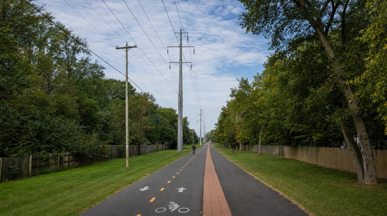 The W&OD Trail's separate bike and walking paths running straight through the city in early October, split by a narrow red median, with a dashed yellow center line, bike markings, tall power line poles and green trees and fences on both sides