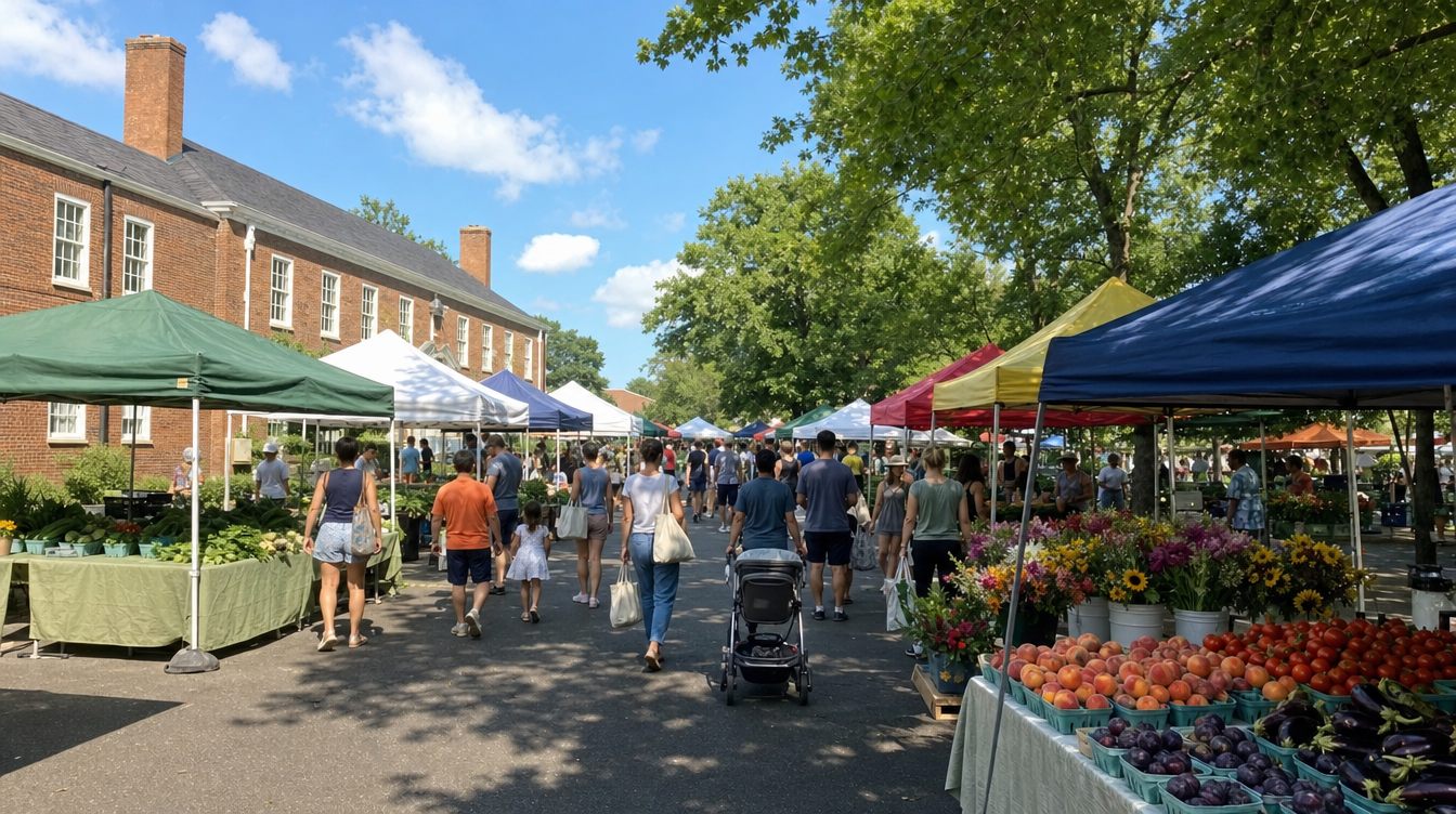 The Saturday farmers market in the City Hall parking lot in July, busy aisles between colorful canopies, with peaches, tomatoes, eggplant and buckets of flowers in front and the long red-brick City Hall behind under big shade trees