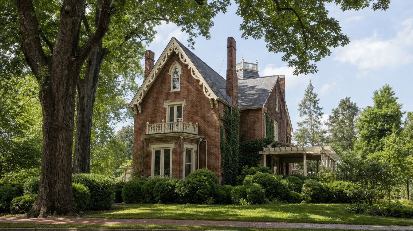 Mount Hope, an 1869 red-brick Gothic Revival house with a steep front gable trimmed in cream scrollwork, a pointed attic window, a bay window with a balcony above, tall chimneys, a small rooftop lookout and a side pergola, behind shrubs and a huge old tree