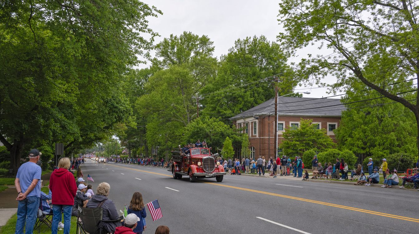 A vintage red fire engine rolling down tree-lined Park Avenue in the Memorial Day parade, with spectators along both curbs, some waving small flags, on an overcast late-May morning