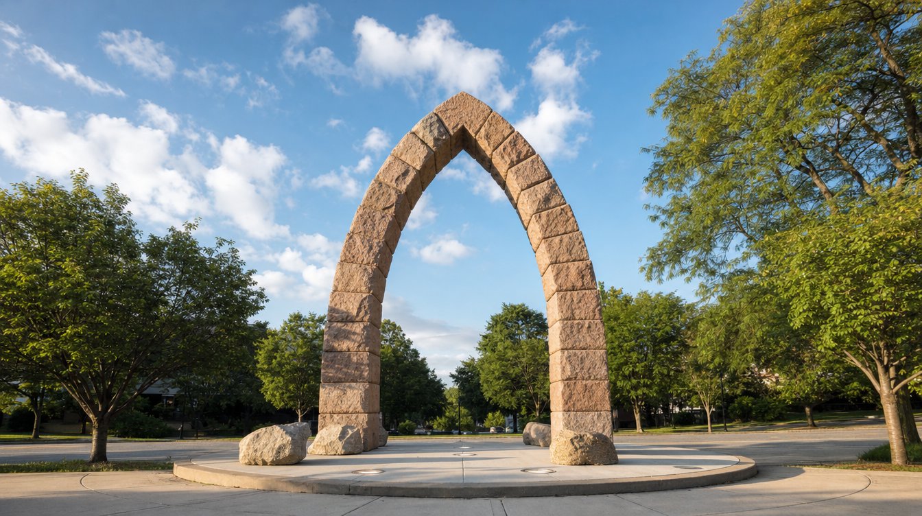 The pointed arch of rough pinkish granite blocks at Tinner Hill Historic Park, standing on a round concrete platform with a few granite boulders, under a summer sky with trees around it