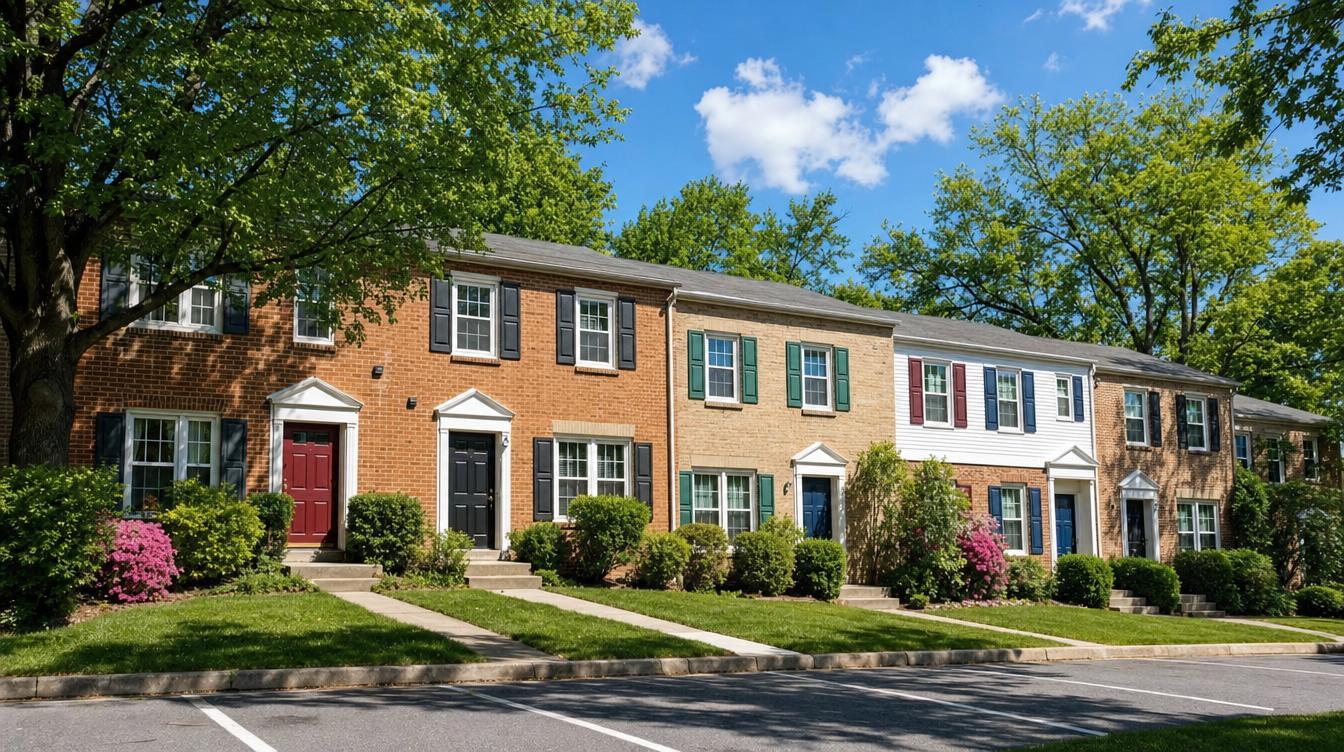 A row of two-story brick townhouses with white pediment door surrounds, dark shutters and red, black and navy doors, a tan-brick and a white-sided unit mixed in, with azaleas and boxwoods along short front walks off a parking court