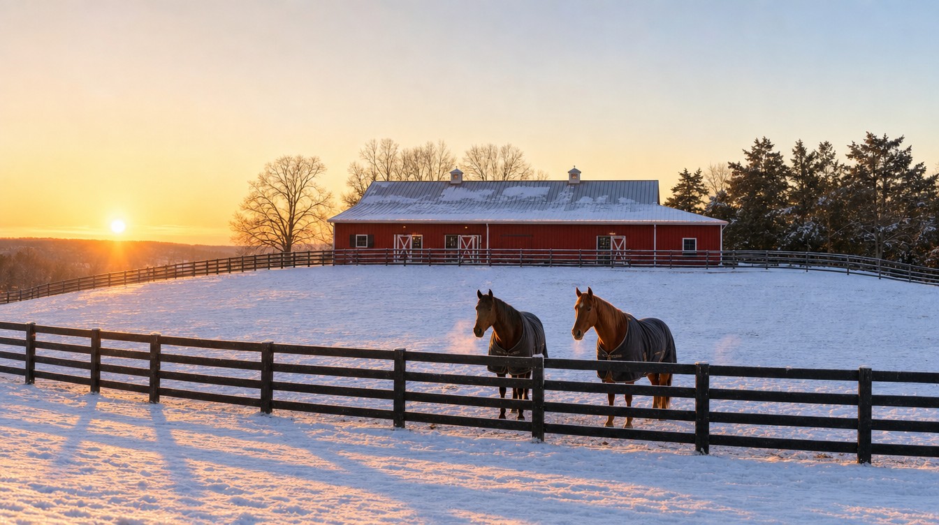 Two horses in winter blankets standing behind a black board fence in a snowy pasture at sunrise, their breath showing in the cold air, with a red barn with a metal roof on the rise behind them