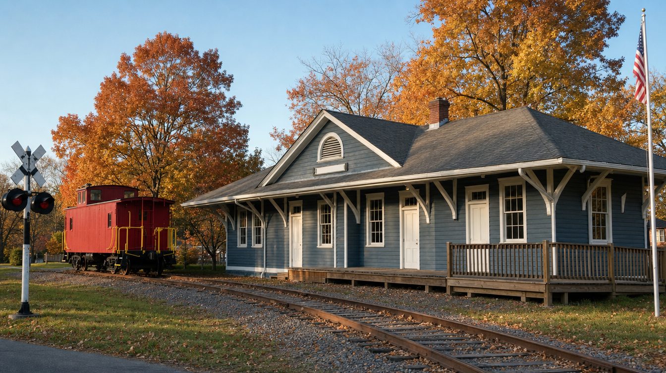 The slate-blue Fairfax Station Railroad Museum depot with white brackets under wide eaves and a wooden deck, beside the tracks, with a red caboose and a crossing signal at the left and orange and gold fall trees behind