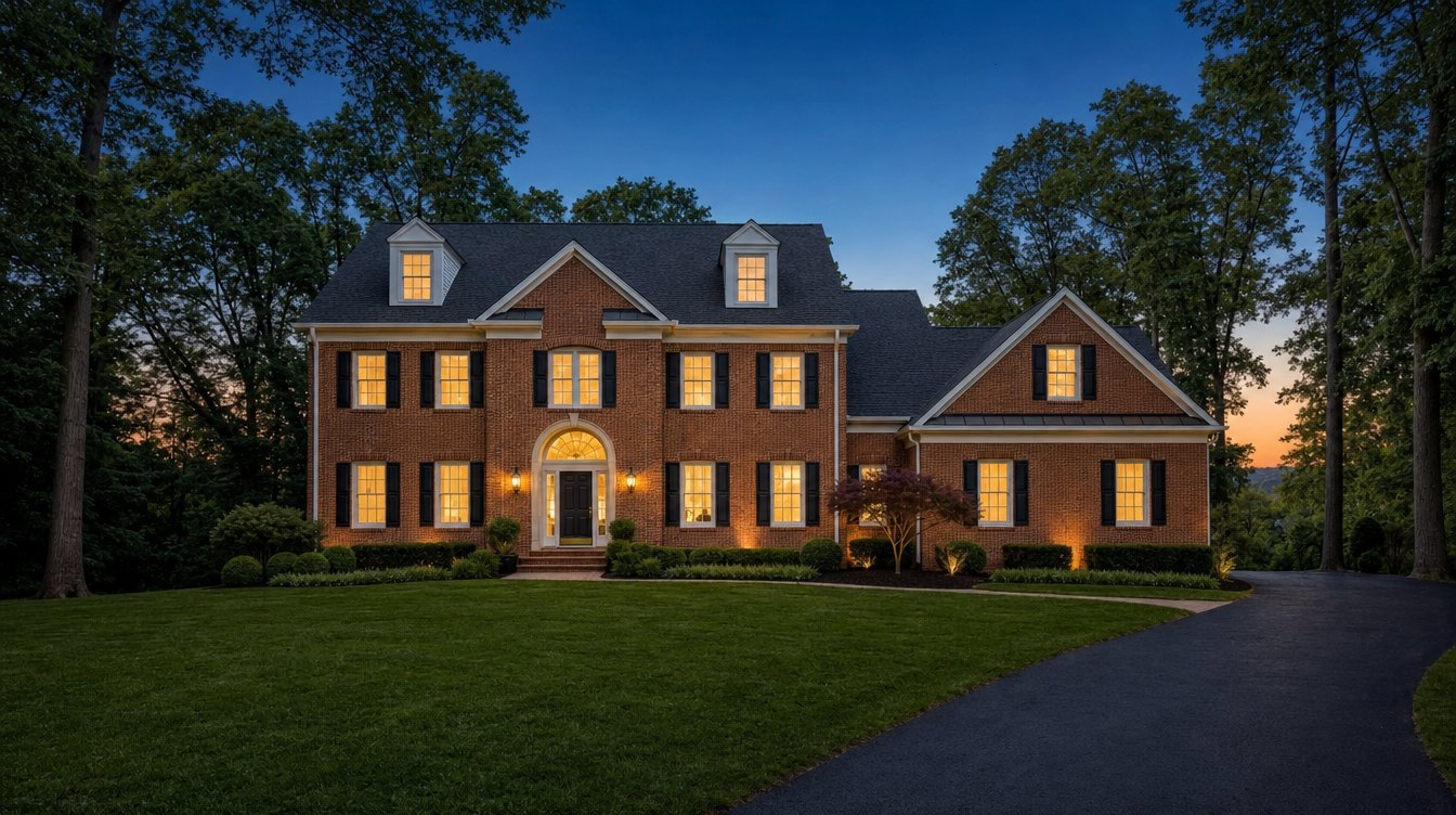 A large brick colonial with three dormers and an arched front door at dusk, warm light in every window and a long drive curving through tall trees