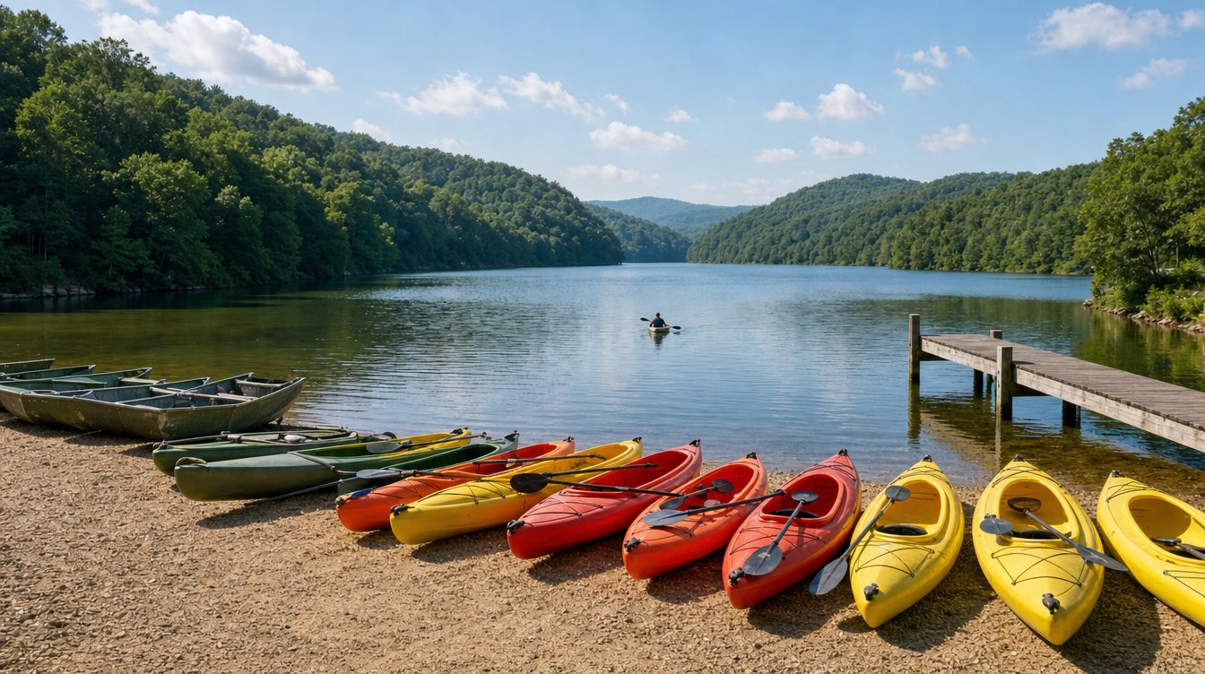 Rows of red, orange and yellow rental kayaks and green jon boats on the gravel launch beach at Fountainhead, with a wooden dock and one paddler out on the Occoquan Reservoir between steep wooded hills