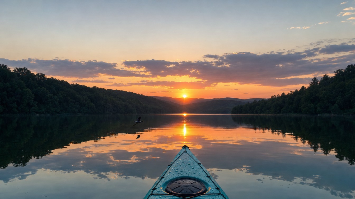 The bow of a blue kayak pointing toward the sun setting between dark wooded ridges on the Occoquan Reservoir, with orange and violet clouds mirrored in still water and a heron flying low
