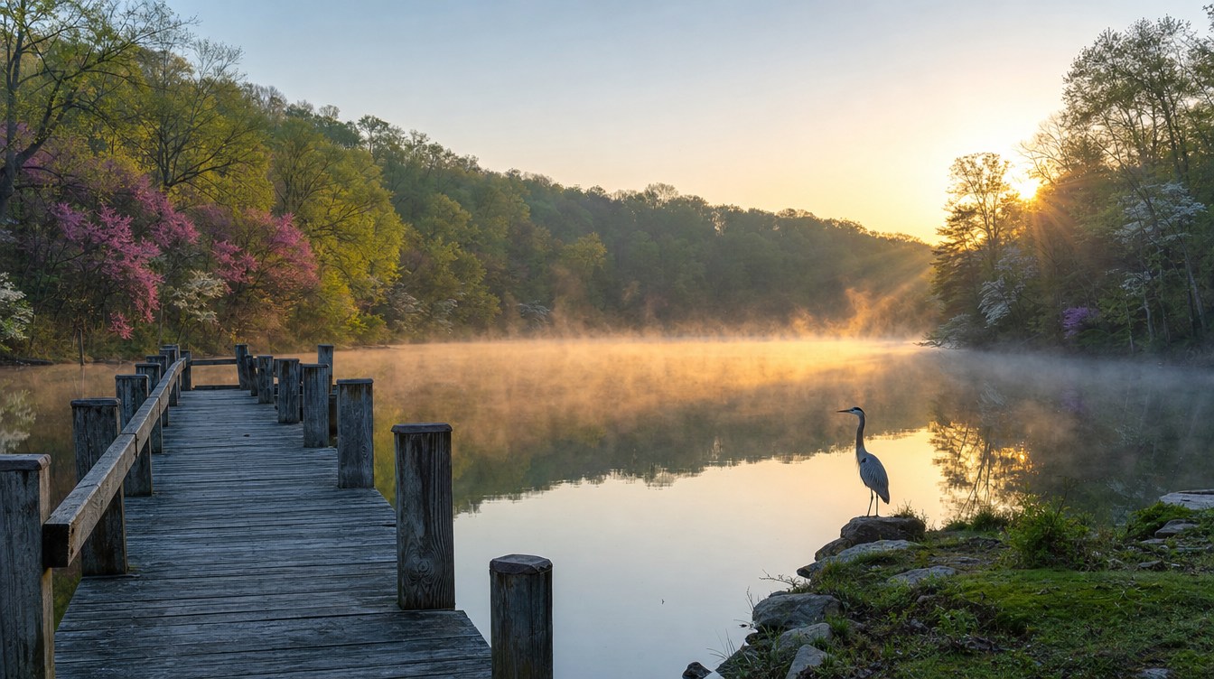 A weathered wooden fishing dock running out into the misty Occoquan Reservoir at sunrise in spring, with a heron on the rocky bank and redbuds and dogwoods blooming on the wooded shore