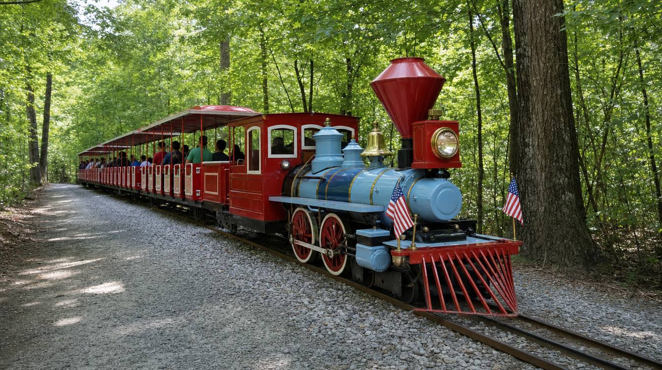The Burke Lake Park miniature train in summer, a pale blue engine with a red diamond stack, brass bell and small flags pulling a long line of red open cars of riders through green woods
