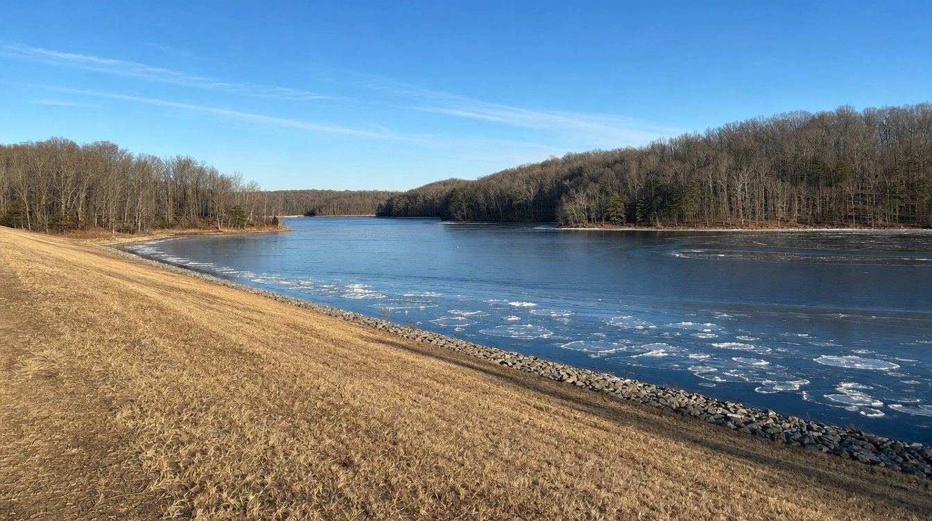 Lake Mercer from its grassy earthen dam on a clear winter day, with plates of thin ice along a stone riprap edge, tan grass in front and bare wooded ridges on both sides