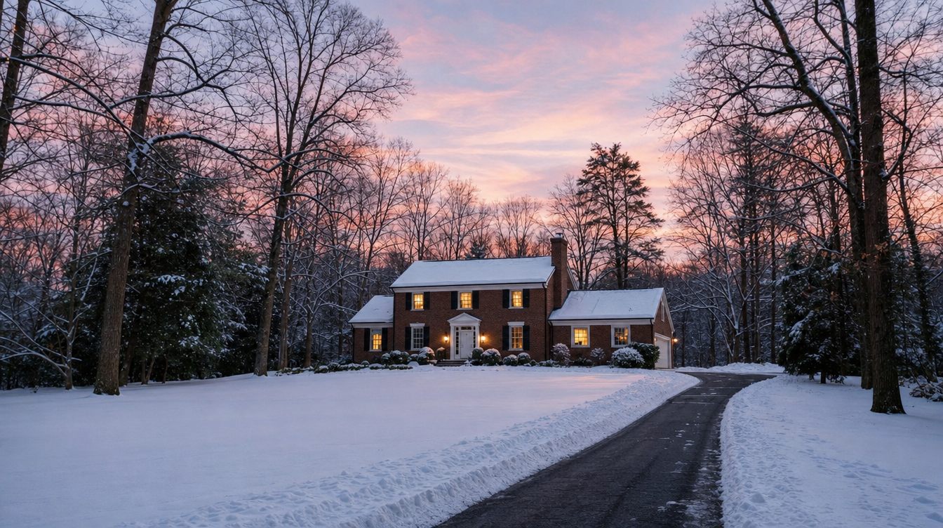 A red-brick colonial with black shutters and lit windows at the end of a long cleared driveway after a snowfall, set back on a wide snowy lawn among tall bare trees under a pink dusk sky