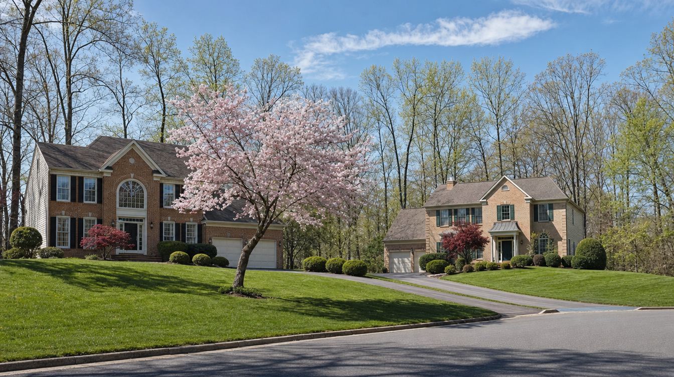Large brick colonials with tall arched windows over the front doors on Crosspointe Drive in early spring, with a pink flowering cherry, red Japanese maples and sloping lawns under budding oaks