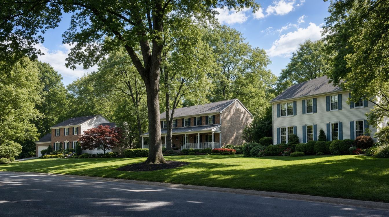 Two-story colonials in brick and pale siding, one with a full white front porch, on South Run Oaks Drive in late spring, with a burgundy Japanese maple and big shade trees over green lawns