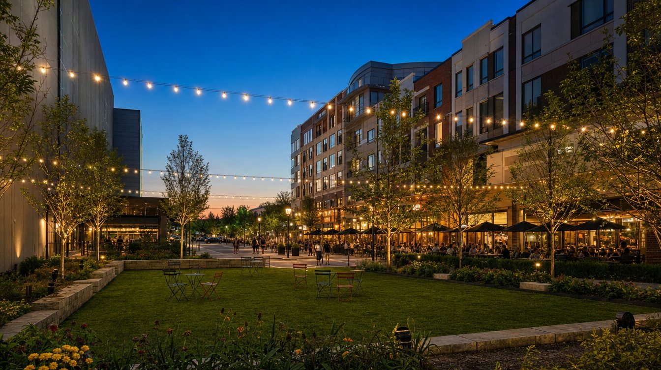 The lawn at Mosaic District on a summer evening, with bistro chairs on the grass, string lights overhead and crowded restaurant patios under umbrellas along the lit mixed-use buildings at dusk