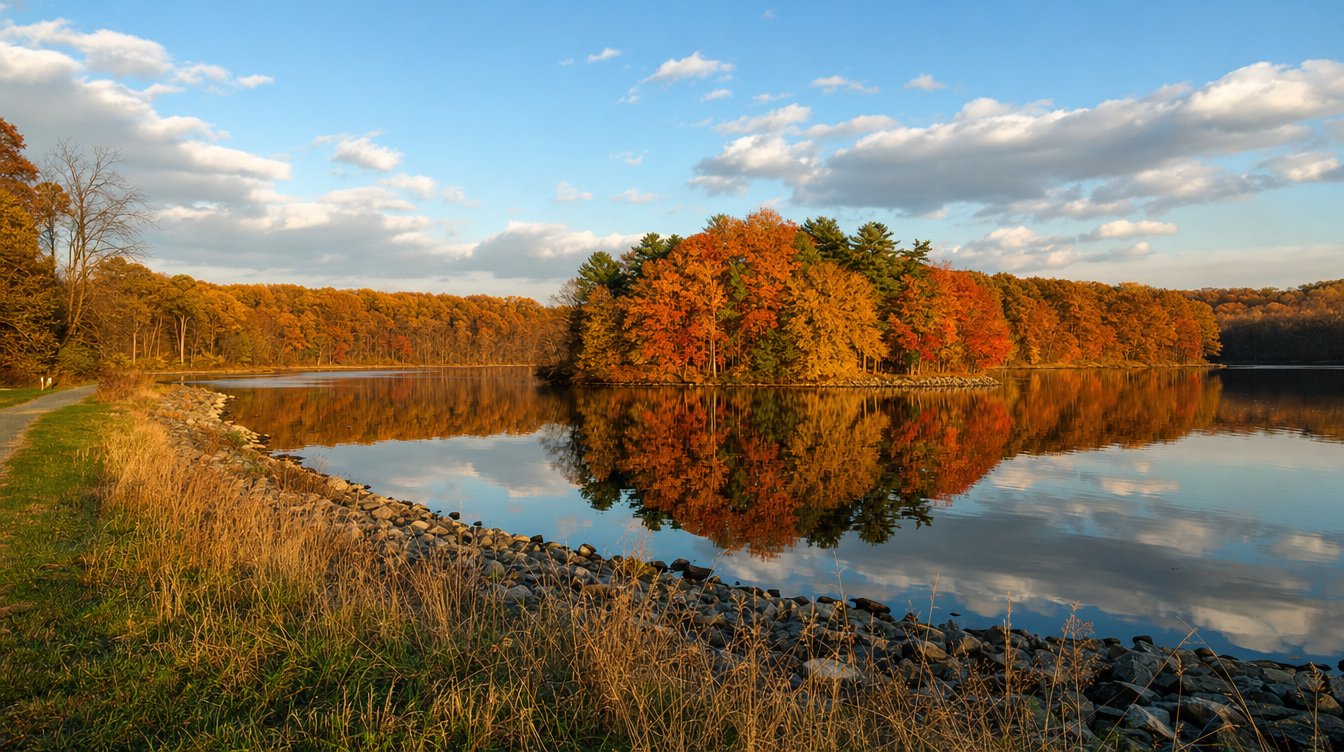 Royal Lake in the fall, its small wooded island of orange, red and gold trees mirrored in still water under white clouds, seen from the rocky edge of the grassy dam with a gravel path at the left