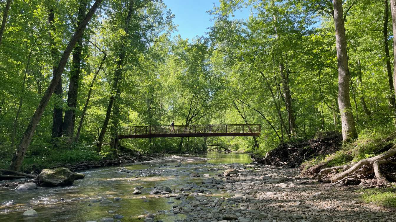 A rust-red steel footbridge of the Cross County Trail over the shallow, rocky Accotink Creek in Eakin Park, with one walker crossing under a full green summer canopy