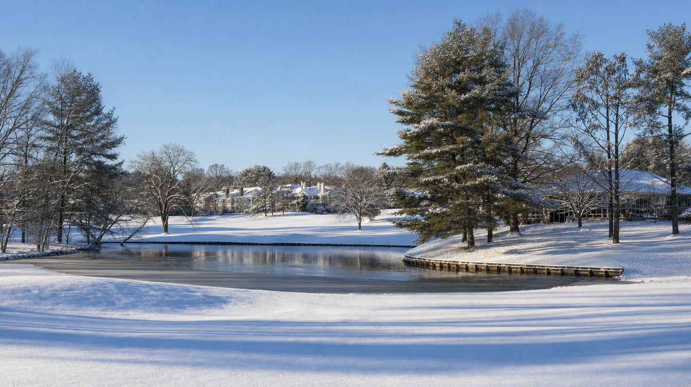 The Penderbrook golf course after a snowfall, a pond with a low wooden bulkhead curving through white fairways under tall pines and bare oaks, with townhouse rooftops and the clubhouse beyond
