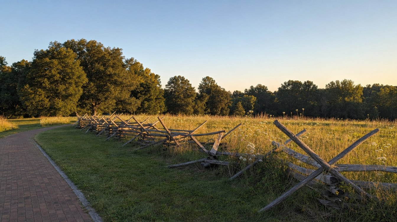 A weathered zigzag split-rail fence running across a meadow of tall grass and Queen Anne's lace at Ox Hill Battlefield Park on a summer evening, beside a curving brick path, with tall oaks behind