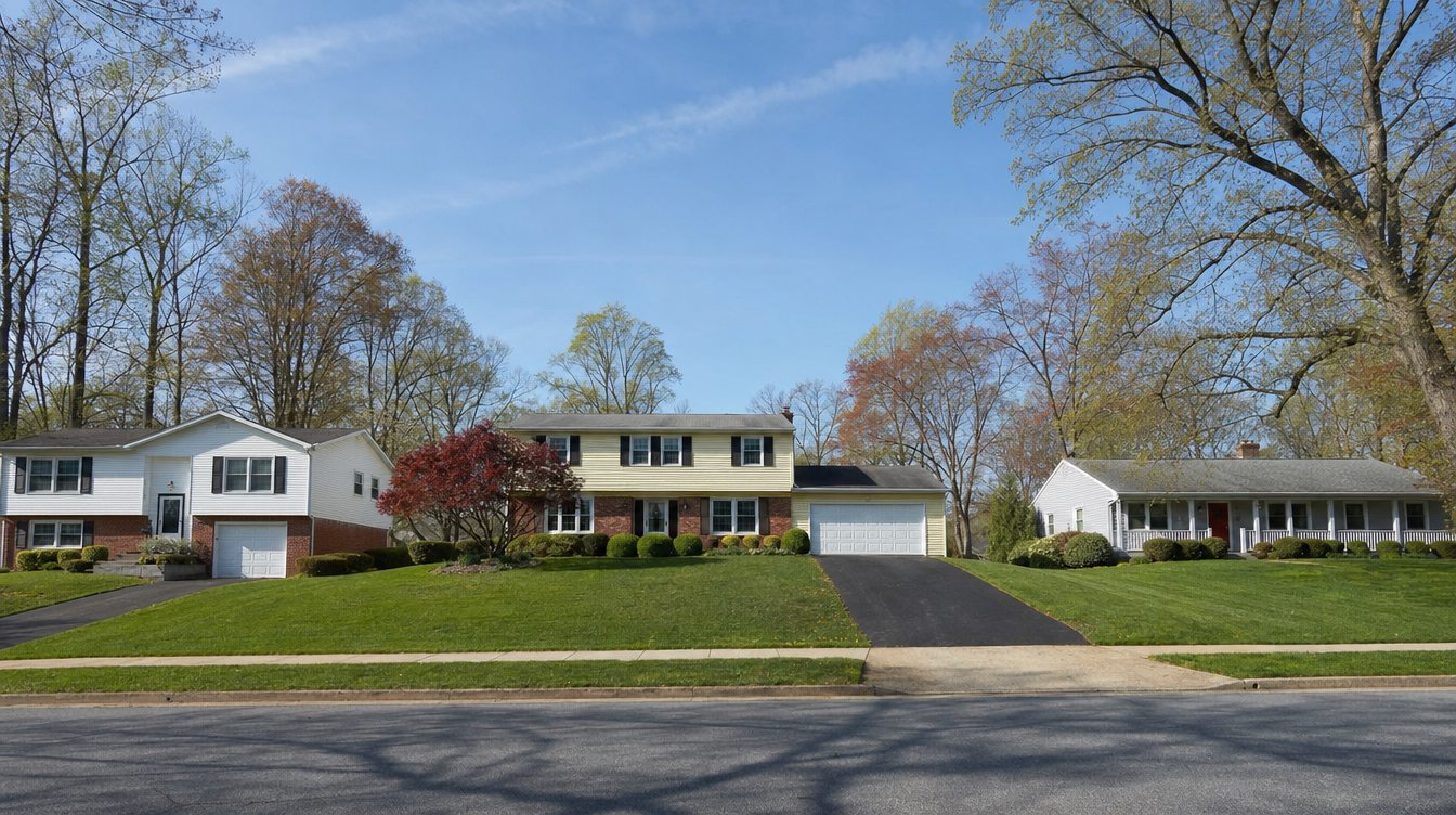 A split-foyer, a pale yellow two-story colonial with a red Japanese maple and a gray rambler with a full front porch on sloping lawns along Point Pleasant Drive in early spring, with trees just breaking bud