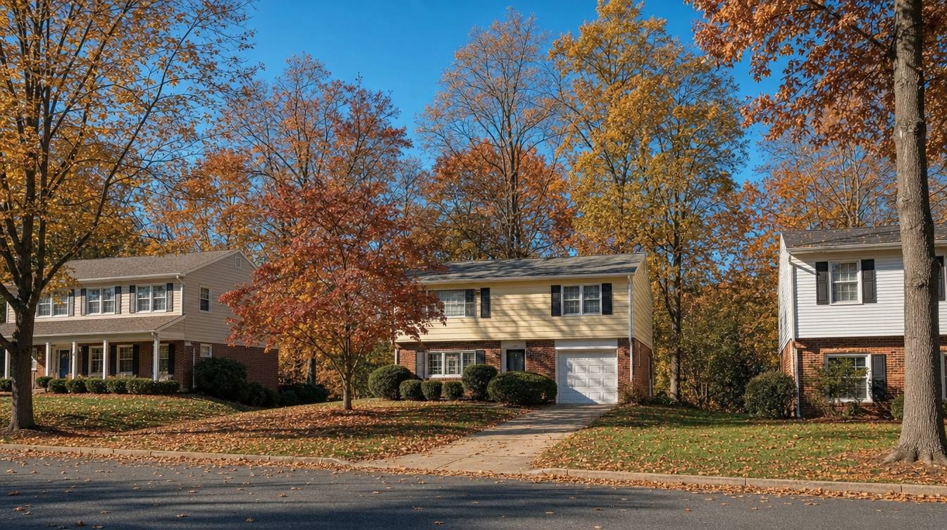 Split-levels and colonials with brick lower floors and pale siding above on Gainsborough Drive in the fall, with fallen leaves on the lawns and street and tall oaks in orange and gold