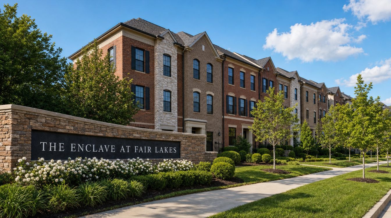 The stone entrance wall of The Enclave at Fair Lakes with white flowers in front, beside a long row of four-level townhomes in red, brown and buff brick and pale stone with tall black-framed windows, in summer