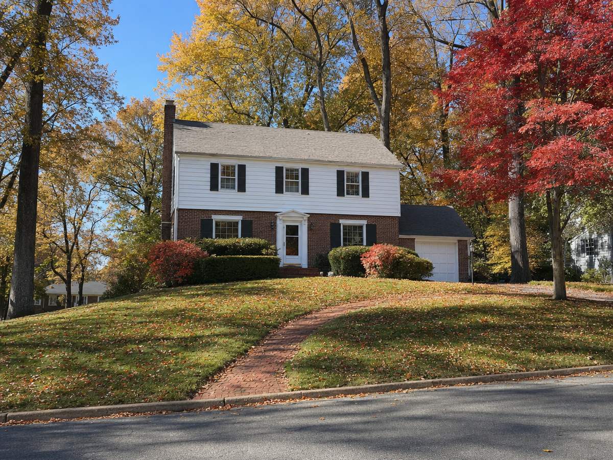 A two-story colonial with red brick below, white siding above and black shutters on a sloping lawn with a curving brick walk, under gold autumn trees and a bright red maple.