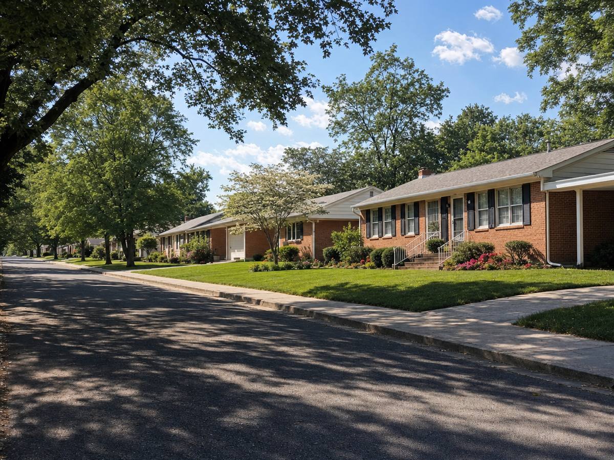 A street of long one-story red-brick ranch houses with black shutters, small stoops with white railings and neat lawns along a sidewalk under shade trees.
