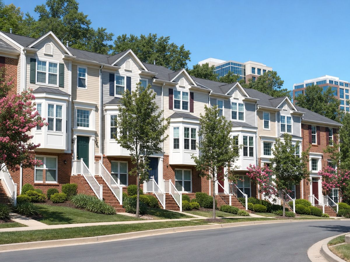 A row of three-level townhomes with brick lower floors, beige and gray siding, white bay windows and colored front doors along a curving street with pink crape myrtles and office buildings behind.
