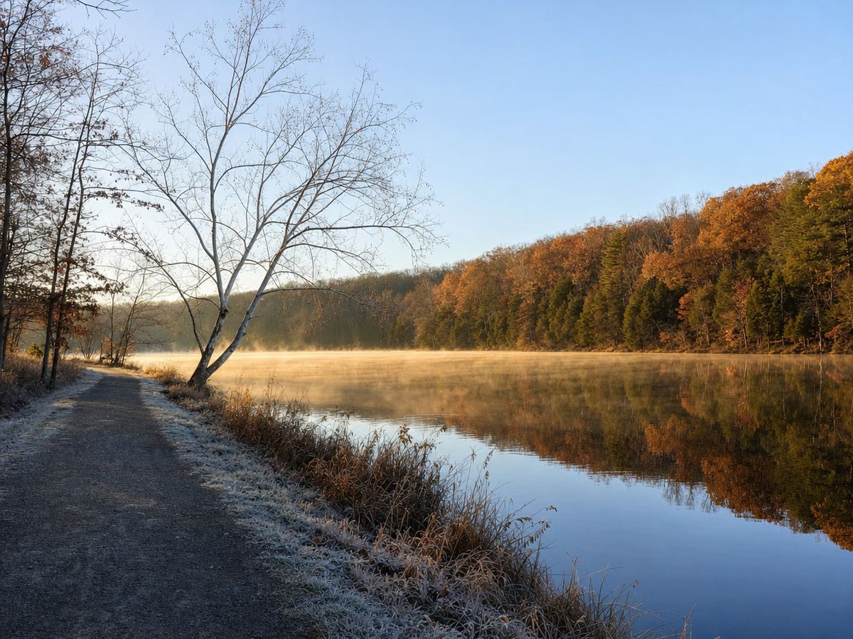A frosty gravel trail along a calm lake with mist rising off the water, a bare white sycamore leaning over the shore and bronze autumn woods reflected across the lake.