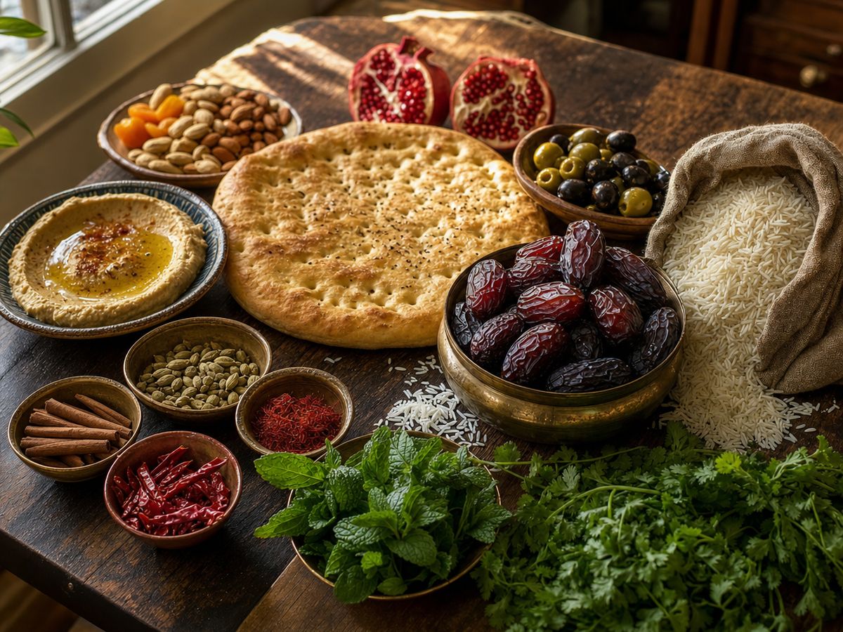 A wooden table spread with a round flatbread, a brass bowl of dates, a sack of rice, hummus, olives, split pomegranates, nuts, small bowls of spices and fresh mint and cilantro.