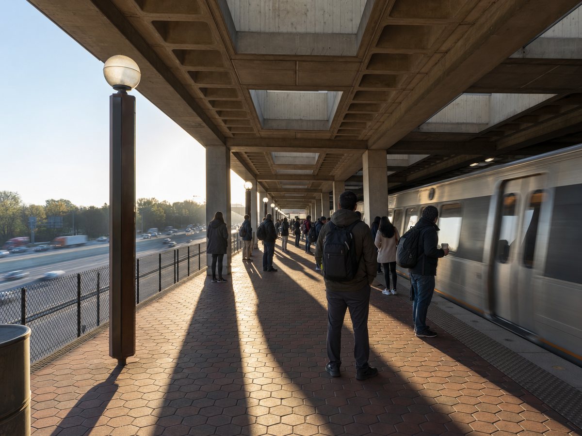 Commuters seen from behind waiting on a red-paved Metro platform under a coffered concrete canopy as a silver train pulls in, with highway traffic alongside and long morning shadows.