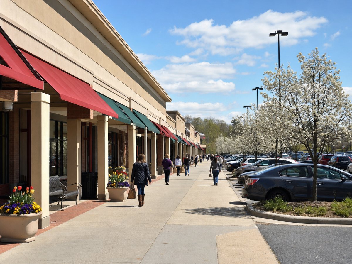 A long one-story shopping center with tan stucco, red and green awnings and a covered walkway with planters of tulips, beside a parking lot with white flowering trees and a few people walking.