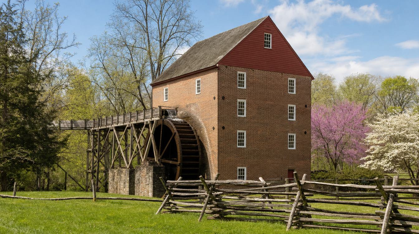 Colvin Run Mill, the 1811 brick gristmill on Colvin Run Road, with its wooden water wheel, a split-rail fence and dogwoods in bloom
