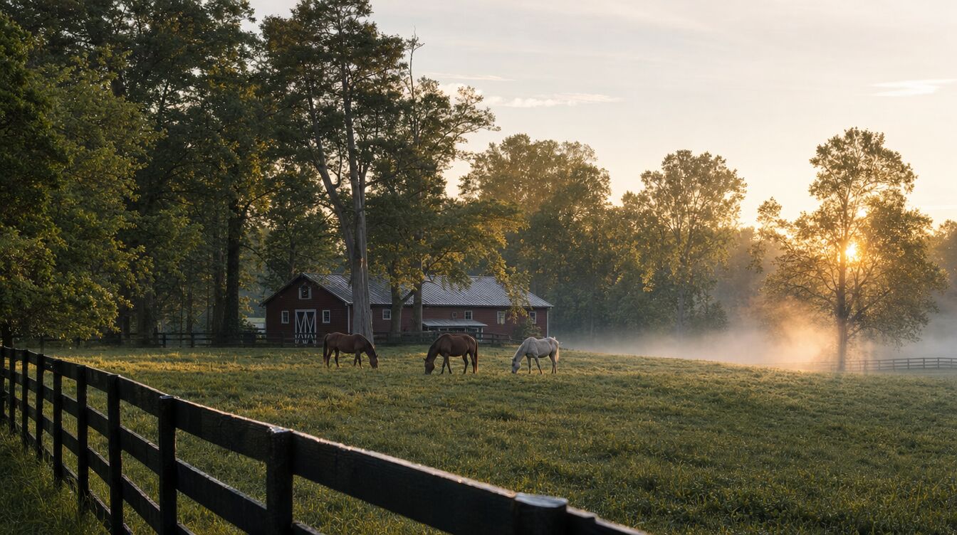 Horses grazing in a misty pasture behind a black board fence, with a red barn and tall trees on a summer morning