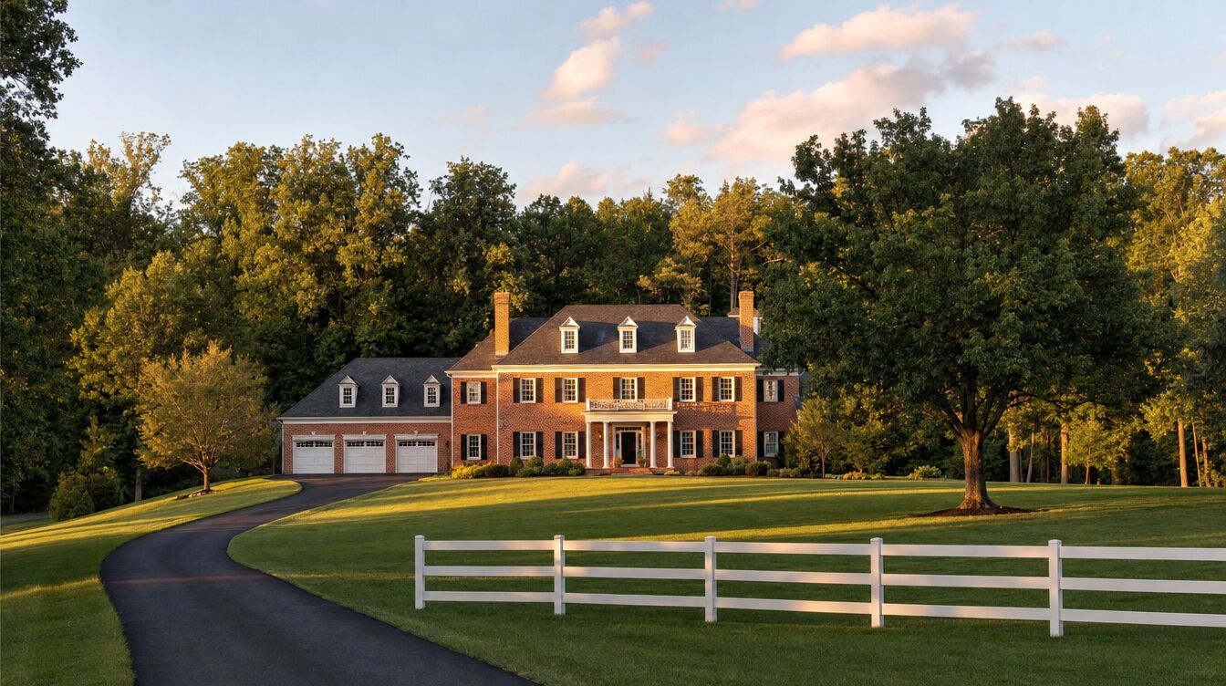 A large brick colonial at the end of a long curving driveway on a wooded lot, with a white board fence and a wide lawn in late-day sun