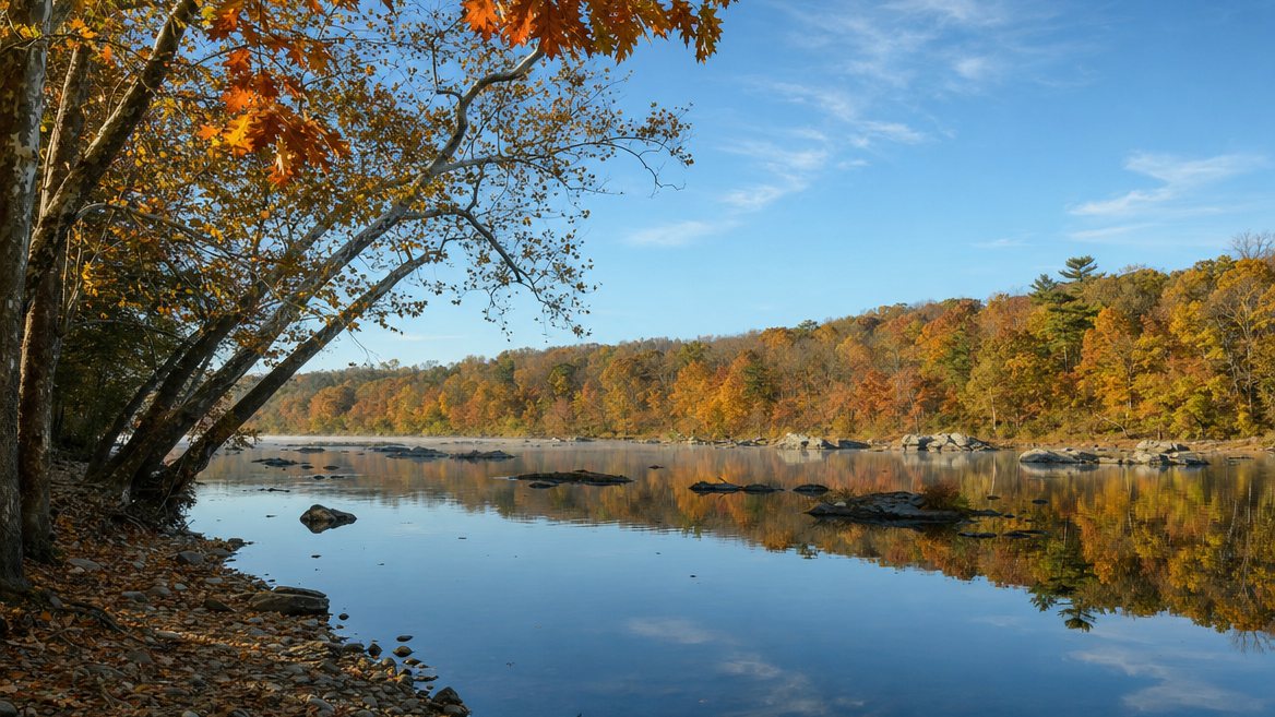 The Potomac at Riverbend Park in fall, calm water reflecting a far bank of orange and gold trees, with low rocks in the river