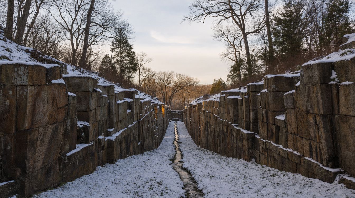 The stone walls of the Patowmack Canal locks in Great Falls Park under a light snow, with bare trees above