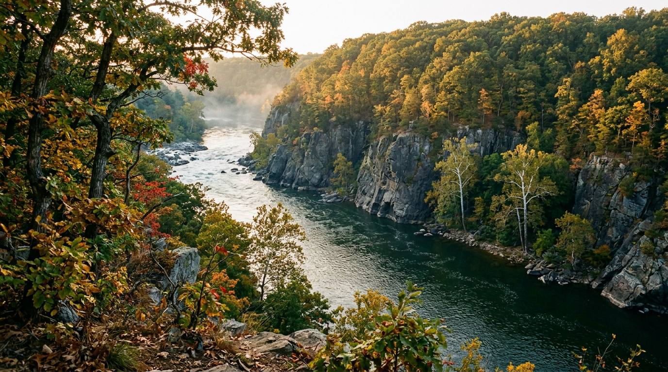 Mather Gorge in early autumn from a wooded bluff, white water easing into a calm green Potomac between dark gray rock walls, with oaks and maples turning gold and red and a little mist over the water
