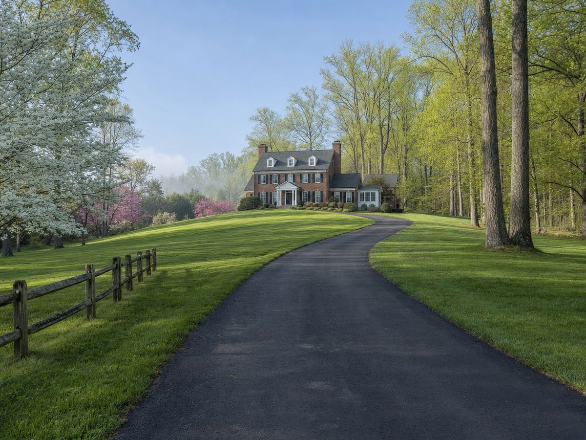 A long driveway rising between wide lawns and a split-rail fence to a red-brick colonial with black shutters at the top of a hill, with woods and white dogwoods around it.