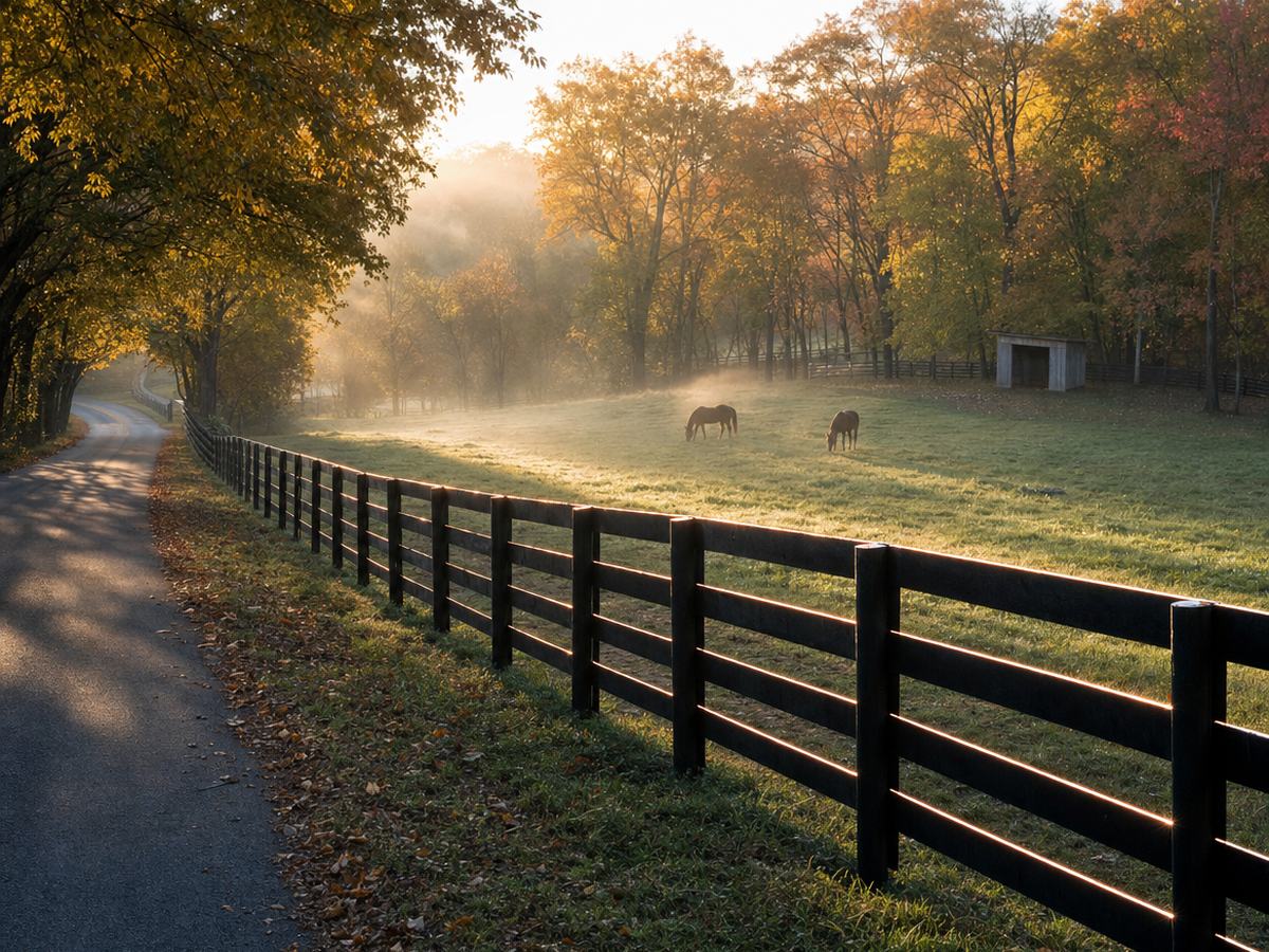 A black four-board fence running beside a narrow country road past a misty green pasture with two horses and a small wooden shed, with orange and gold autumn woods behind.
