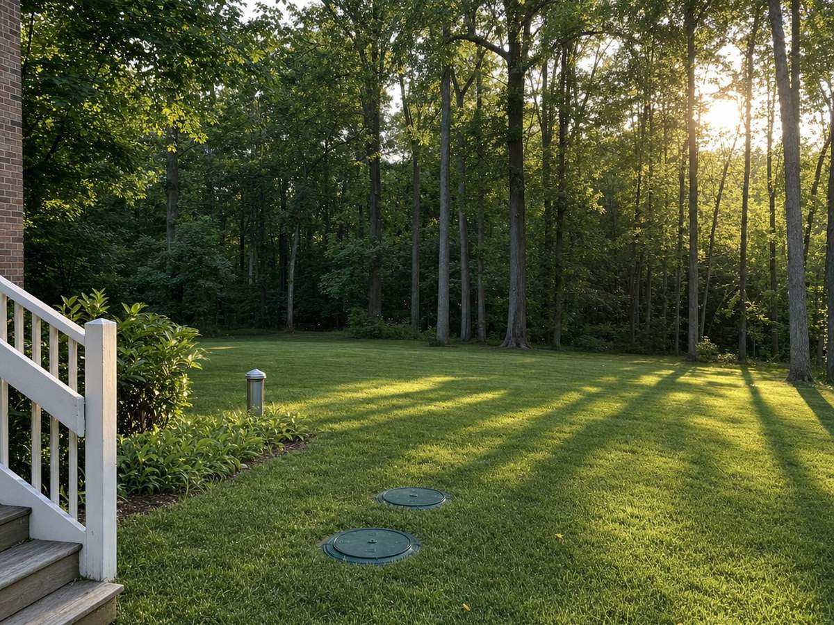 A broad green back lawn sloping toward tall trees, with two round green access lids flush in the grass, a short capped steel well pipe beside hostas and the corner of a white deck.